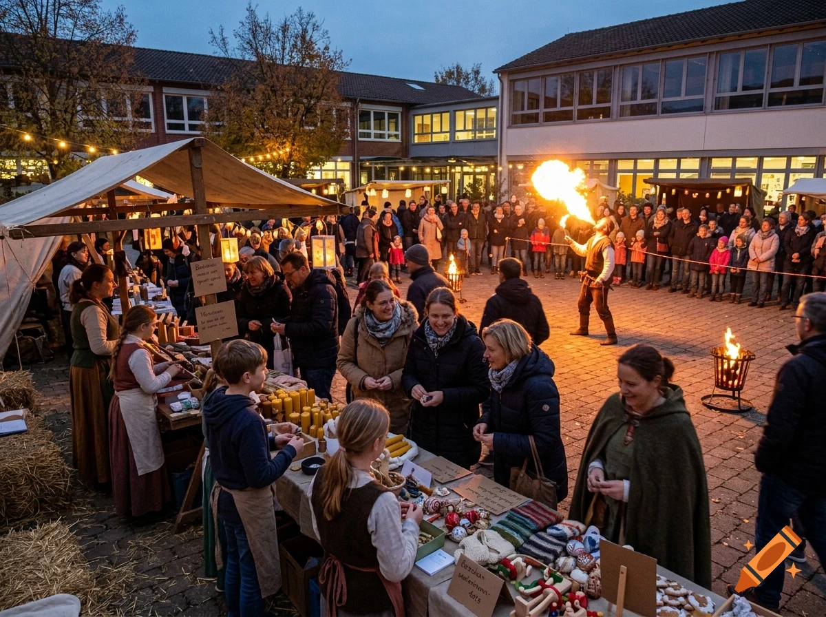 Evening medieval school market with children and adults at stalls, fire breather, and glowing lanterns.