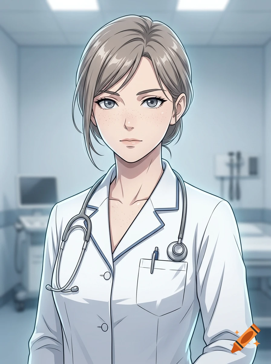 Anime style portrait of a female doctor with gray eyes, pale skin, and freckles, wearing a lab coat with a stethoscope in a hospital room.