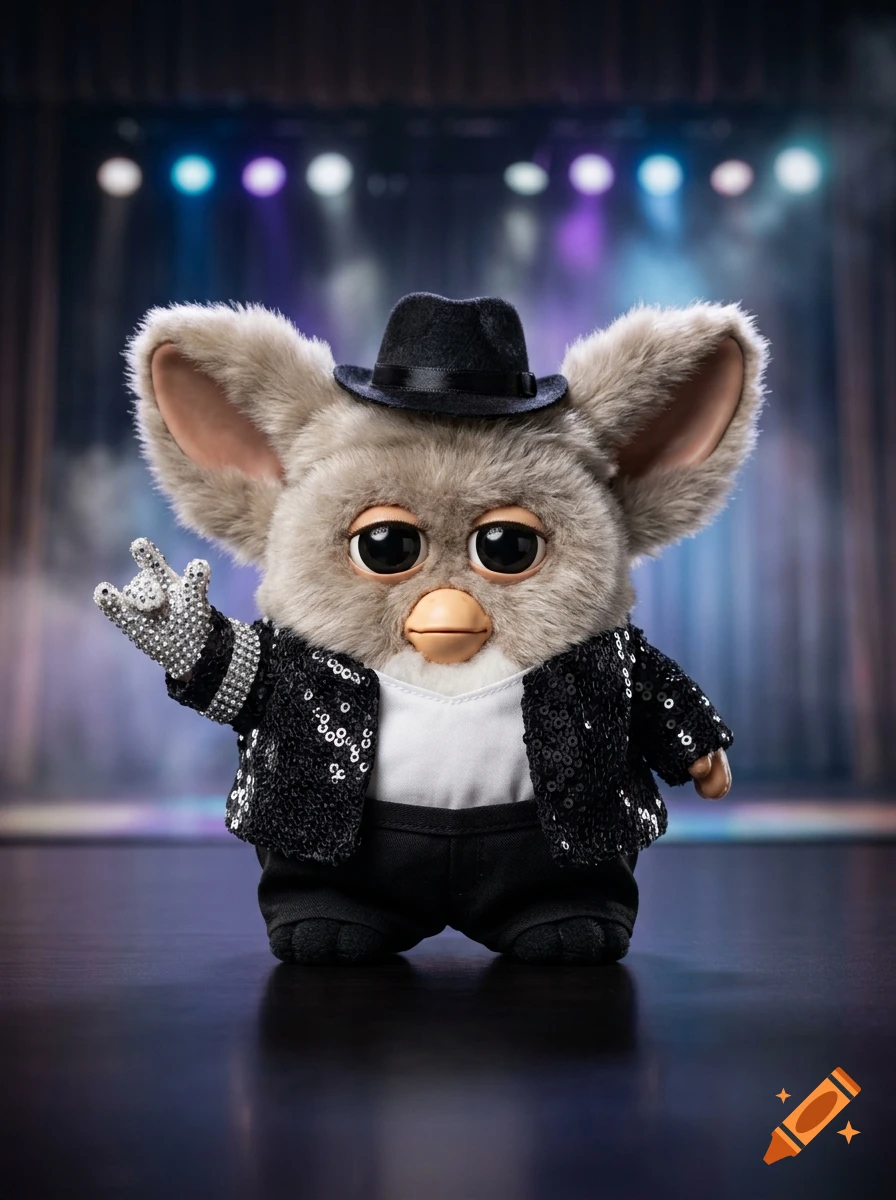 A fluffy grey Furby dressed in Michael Jackson's iconic black sequined jacket, white shirt, fedora, and one crystal glove, posing on a stage.