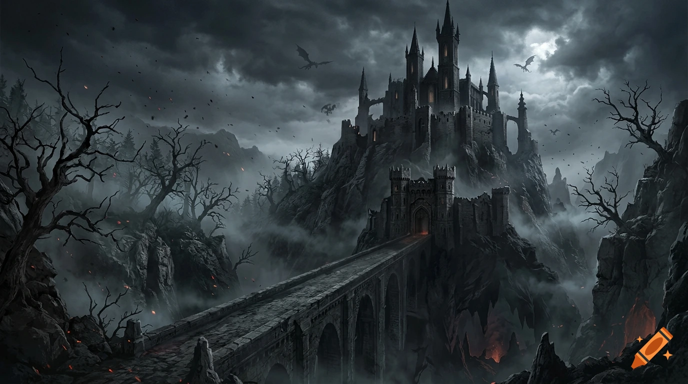 Dark fantasy gothic castle on a mountain peak with a long bridge and flying dragons under a stormy sky.
