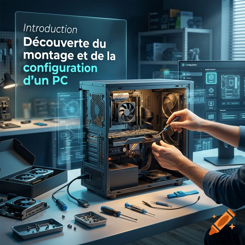 A person assembling a desktop PC with tools and components on a workbench in a photorealistic style.