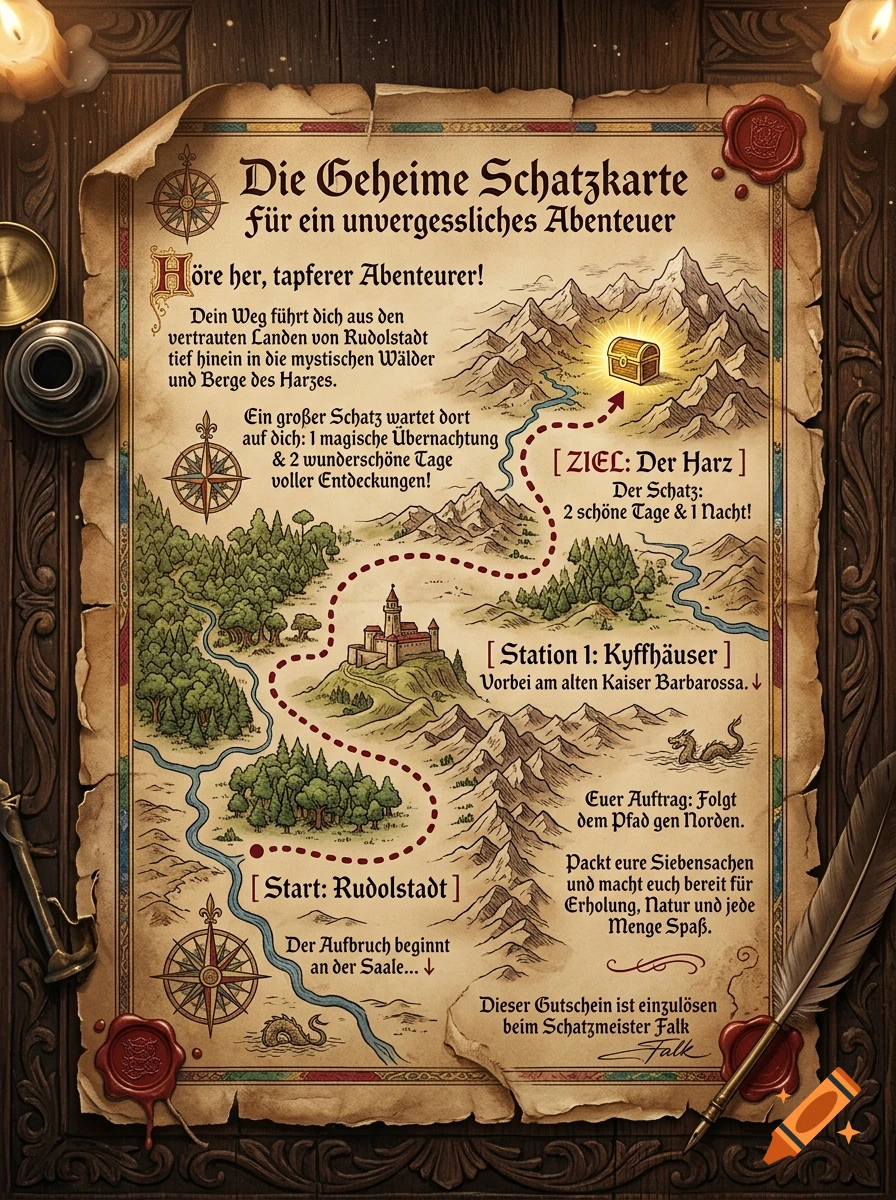 Illustrated fantasy treasure map with German text, a path, a castle, and mountains, framed in wood with candles.