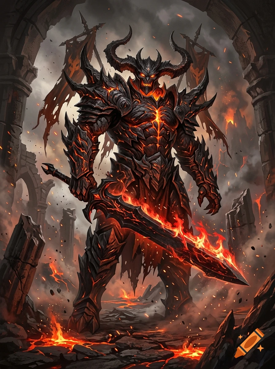 A towering horned demon clad in dark, glowing lava-cracked armor holds a flaming sword amidst a ruined, fiery volcanic landscape.