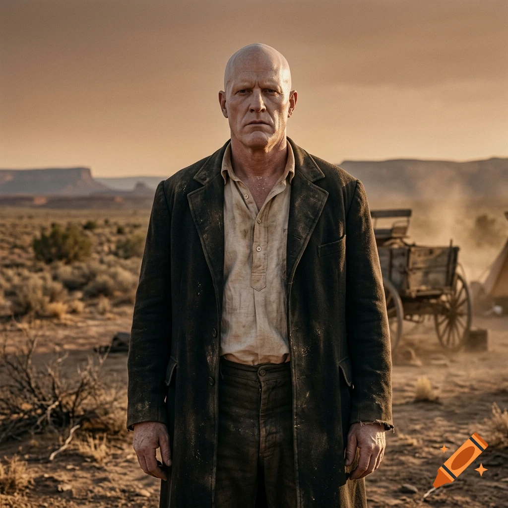 A bald man with a serious expression stands in a dusty, barren landscape with a wagon in the background.