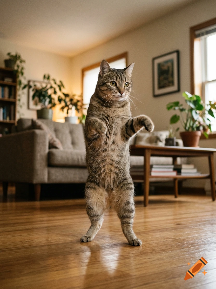Photorealistic tabby cat standing upright on its hind legs on a wooden floor in a living room.