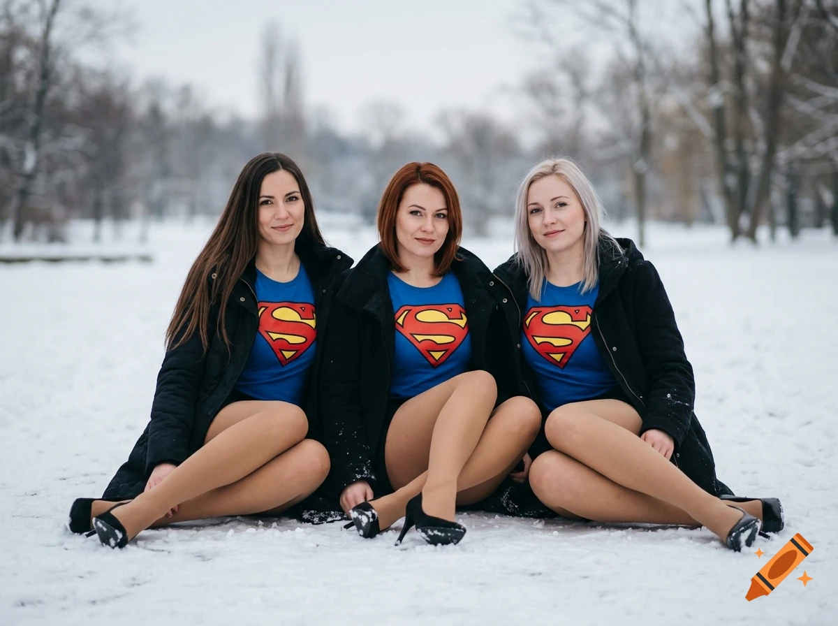 Three women in Superman t-shirts and tan pantyhose sitting in the snow during winter.