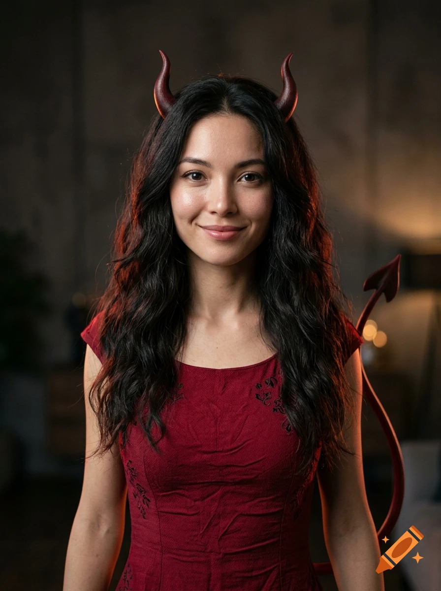 Photorealistic portrait of a woman with long black hair, smiling, wearing red devil horns and a matching red dress.