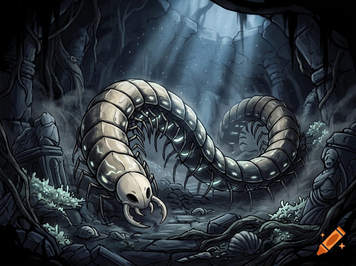 A large centipede creature crawling through a dark, ruined underground chamber with glowing light filtering from above.