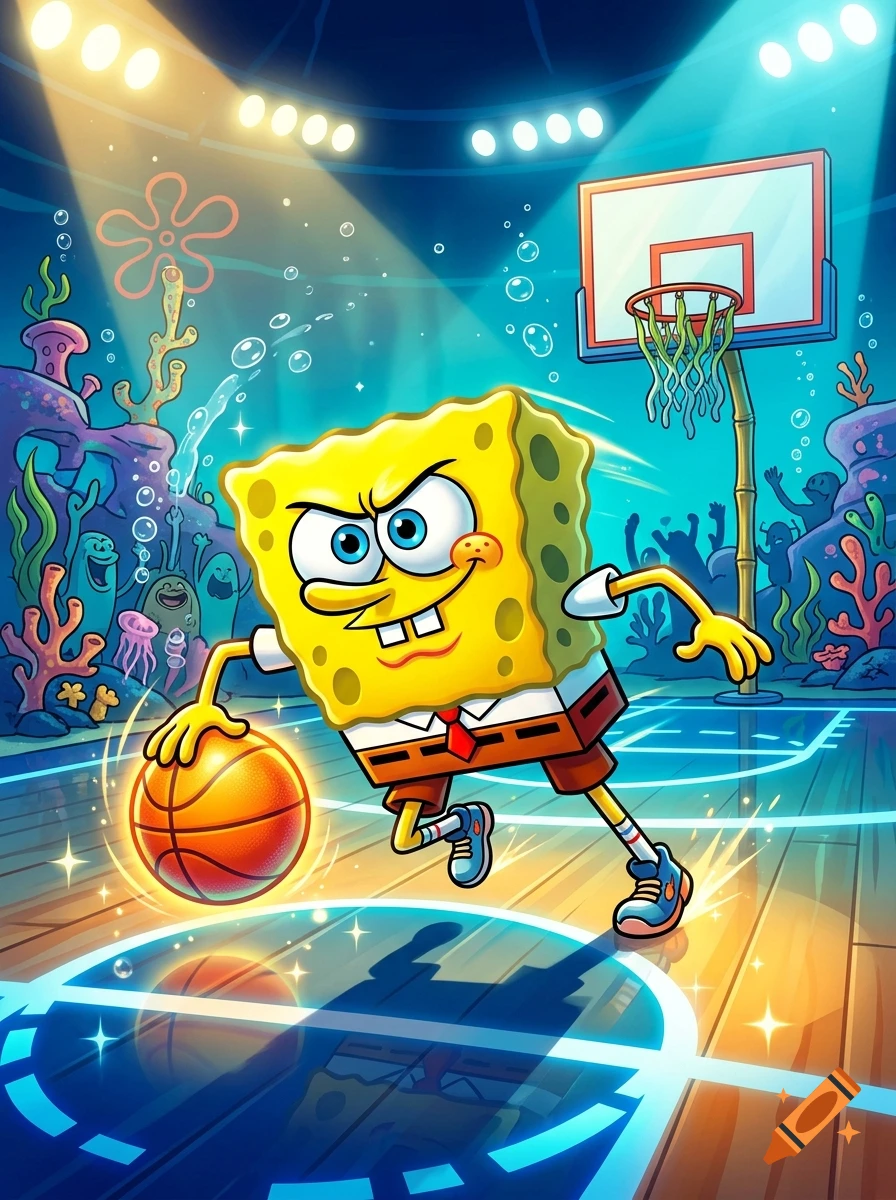 SpongeBob SquarePants playing basketball on an underwater court with cheering sea creatures and stadium lights overhead.