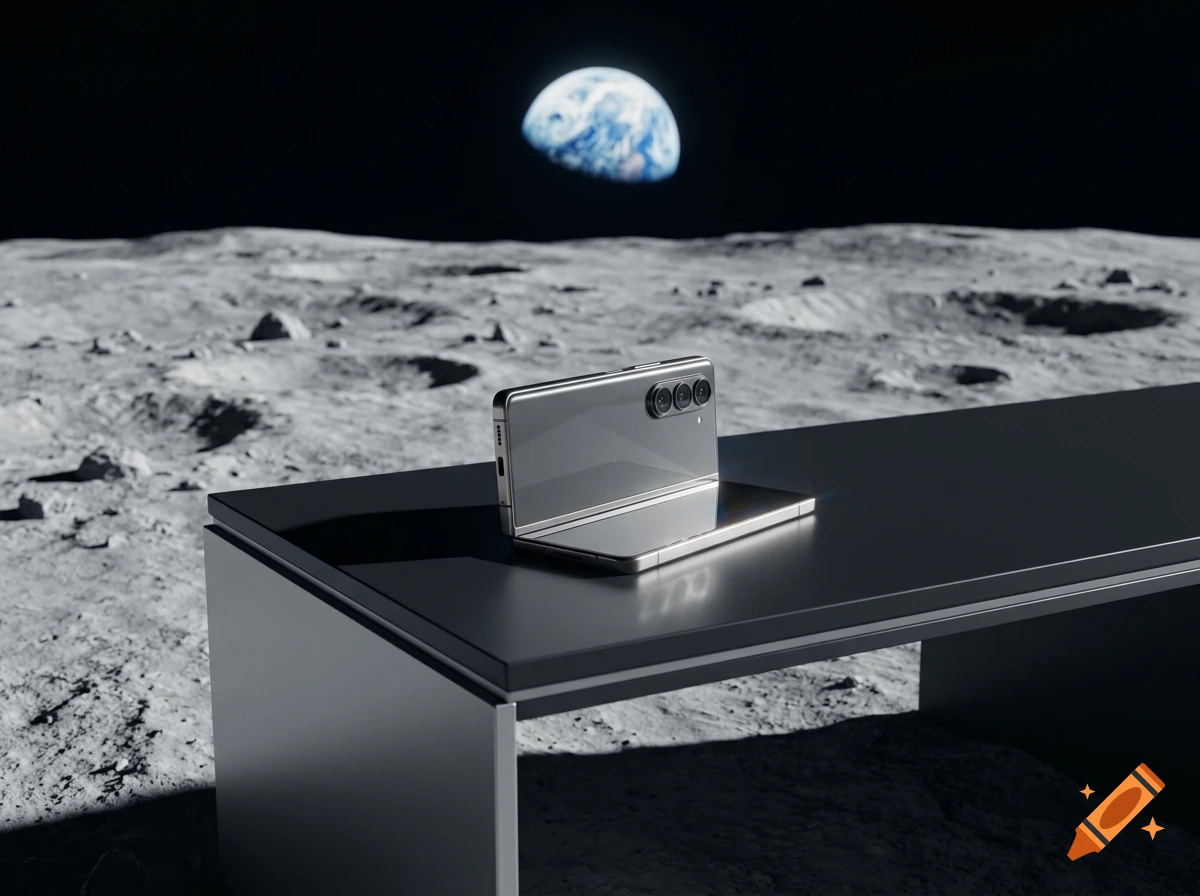 A foldable smartphone rests on a modern desk on the lunar surface with Earth visible in the background, photorealistic style.