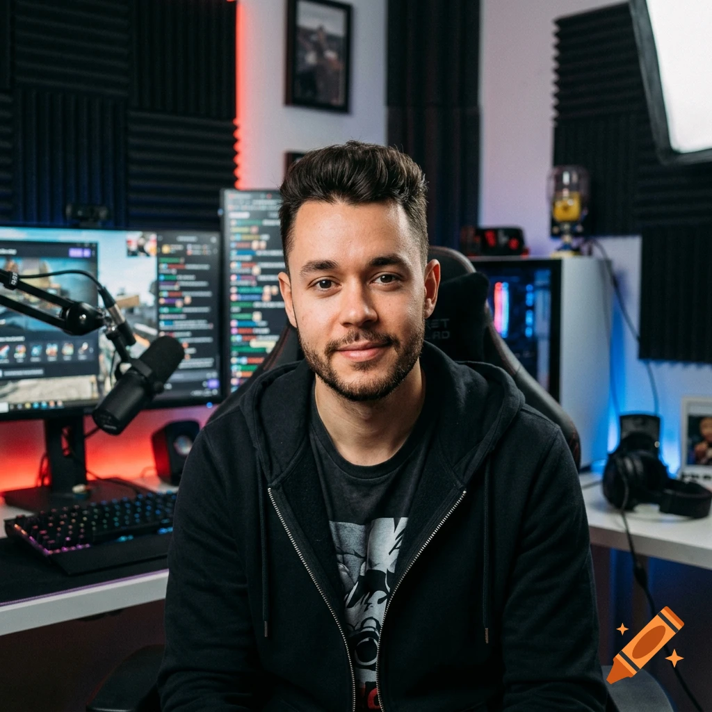 Photorealistic portrait of a young man with dark hair and a beard sitting in a streaming setup with monitors and sound-proofing foam panels in the background.