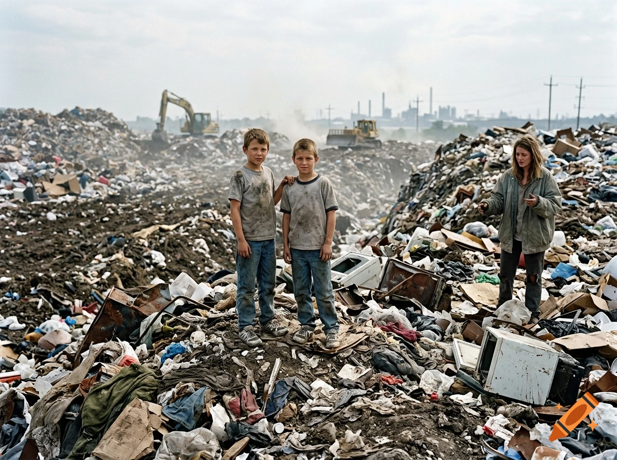 Photorealistic image of two young boys standing on a large pile of garbage with a landfill setting in the background.