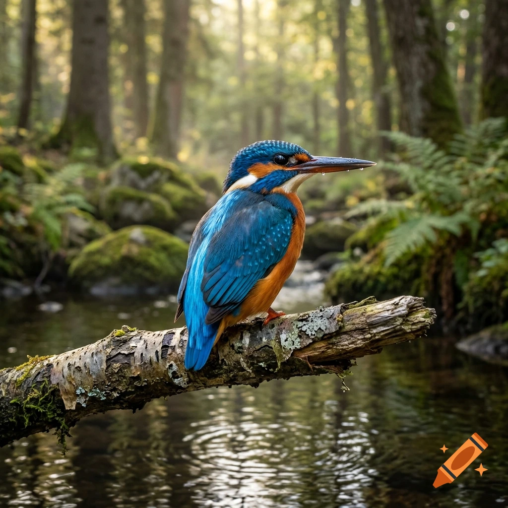 A vibrant blue and orange kingfisher perches gracefully on a mossy branch over a tranquil stream in a sunlit forest.