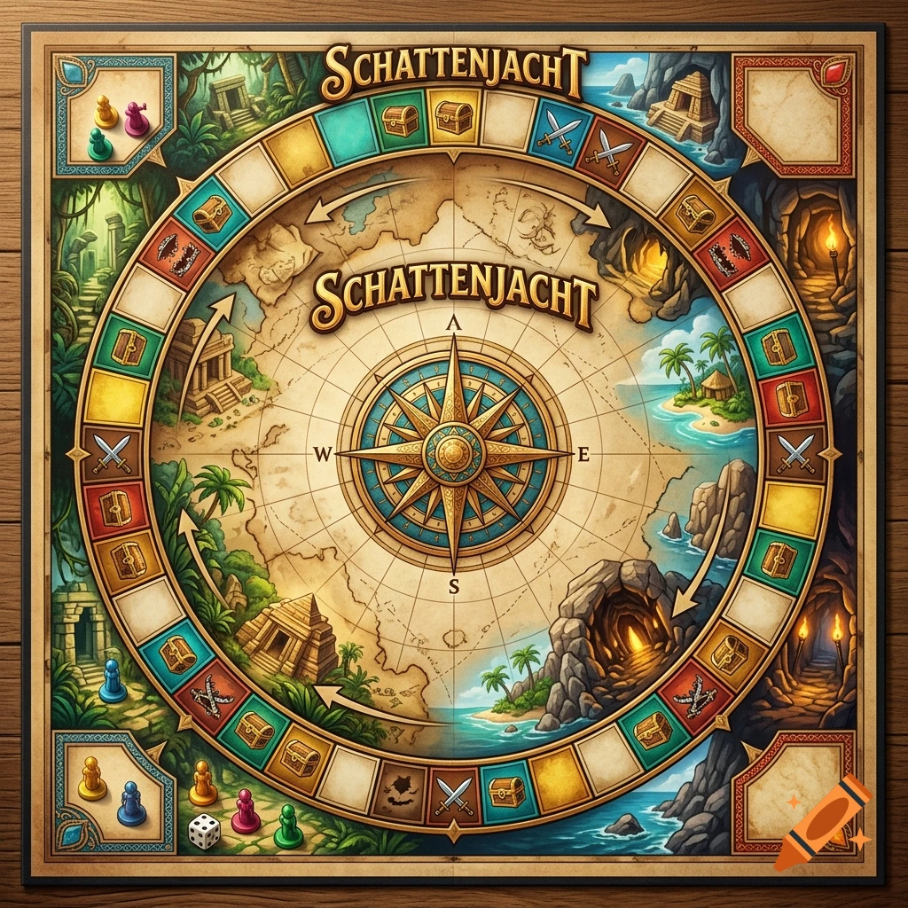 Top-down view of a fantasy board game with a circular track, a central compass, and treasure icons, illustrated in a classic adventure style.