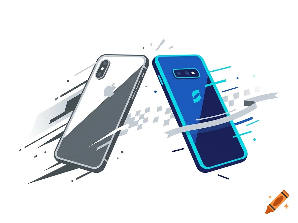 Digital illustration of two smartphones, white and blue, racing each other with motion lines and checkered flag elements in the background.