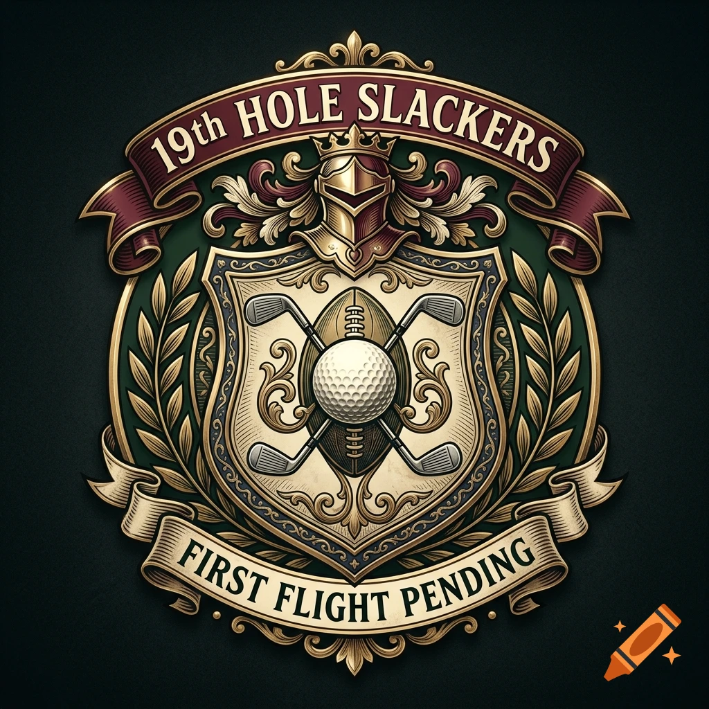 An ornate fantasy football league crest featuring a knight helmet, golf clubs, and a golf ball, with banners reading 19th Hole Slackers and First Flight Pending.