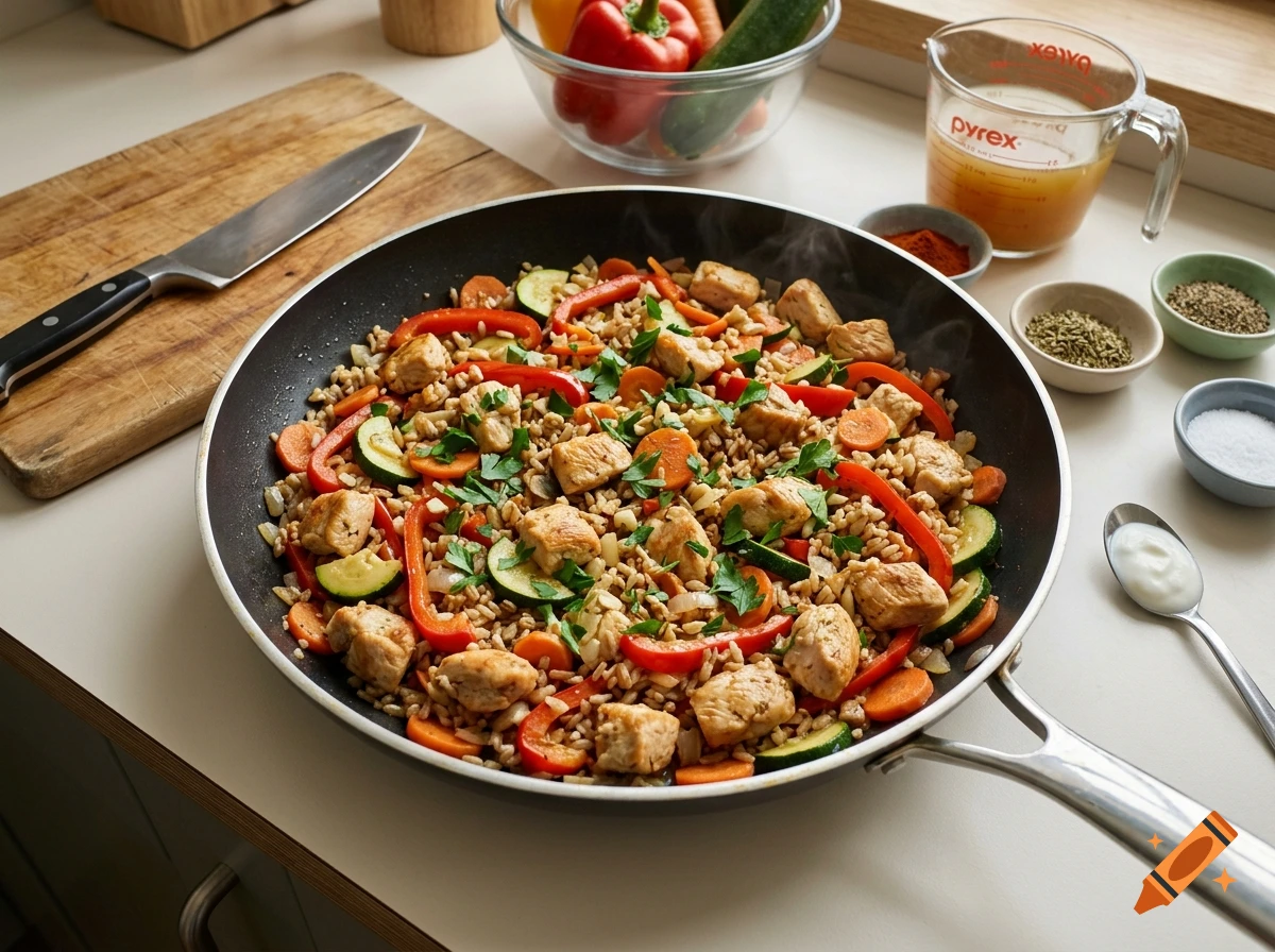 A close-up photograph of a skillet filled with cooked chicken, rice, bell peppers, carrots, zucchini, and herbs, surrounded by kitchen ingredients and tools.
