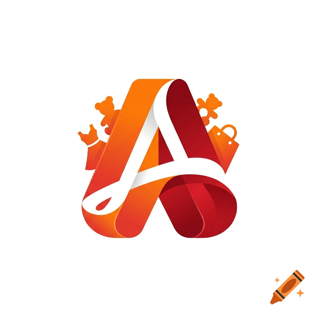 A stylized 3D logo featuring the letter A in gradient red and orange tones, decorated with shopping-related silhouettes.