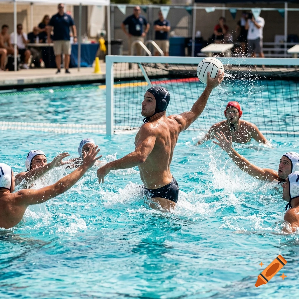 Photorealistic action shot of a water polo match, players in the pool competing for the ball.