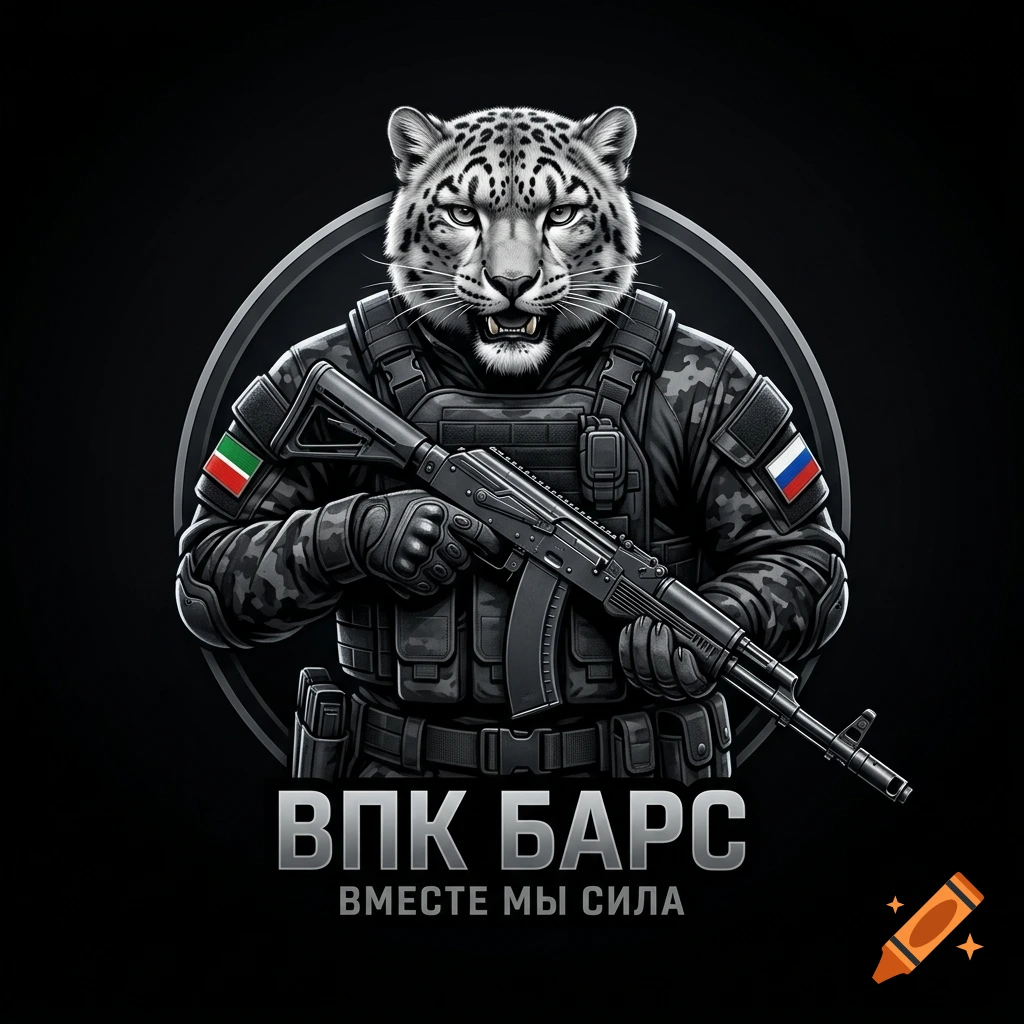 An anthropomorphic snow leopard wearing tactical military gear and holding a rifle, centered in a circular emblem.