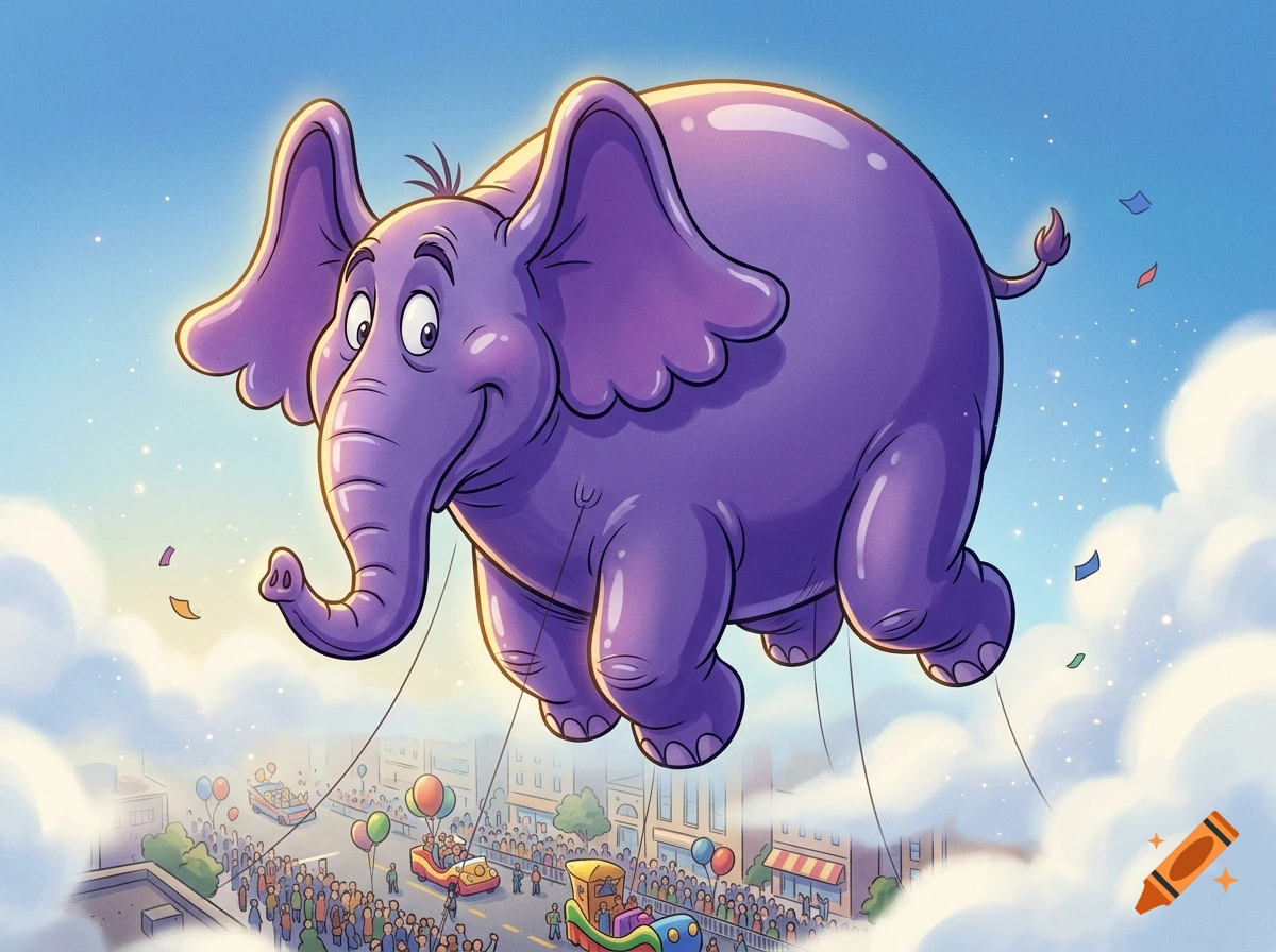 A purple balloon elephant floating in the sky above a city parade, in a 90s Disney cartoon style.