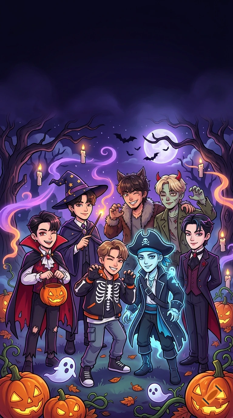 An illustrated group of young characters in Halloween costumes, including a vampire, witch, werewolf, zombie, skeleton, pirate, and ghost, standing in a spooky forest at night with glowing jack-o'-lanterns and a full moon.