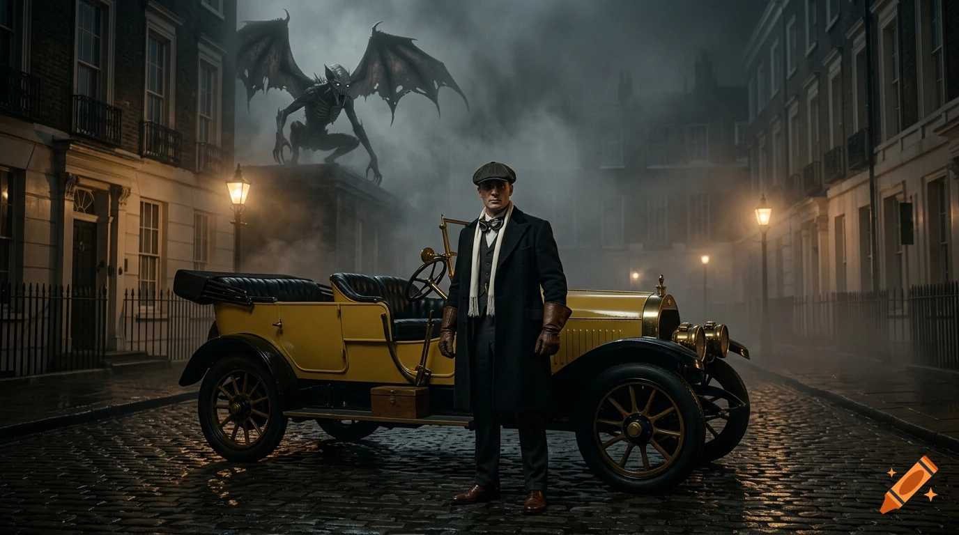 Cinematic noir photo of a 1920s investigator standing beside a yellow touring car on a foggy London street with a Lovecraftian creature overhead.
