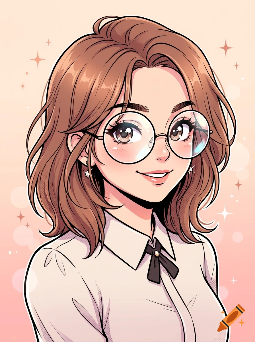 Manga cartoon portrait of a smiling woman with brown hair and round glasses wearing a white collared shirt.