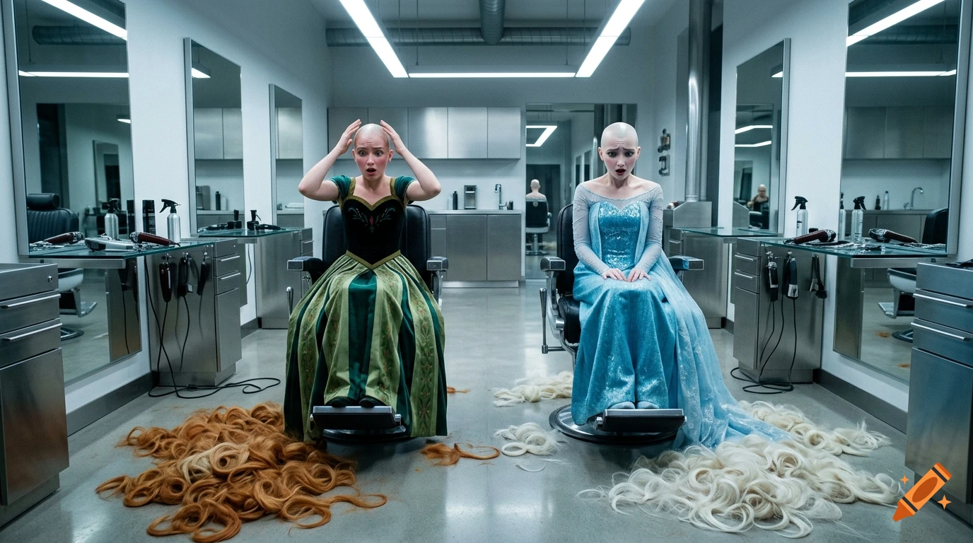Photorealistic cinematic shot of Anna and Elsa as bald characters in a modern sterile barbershop, looking shocked.