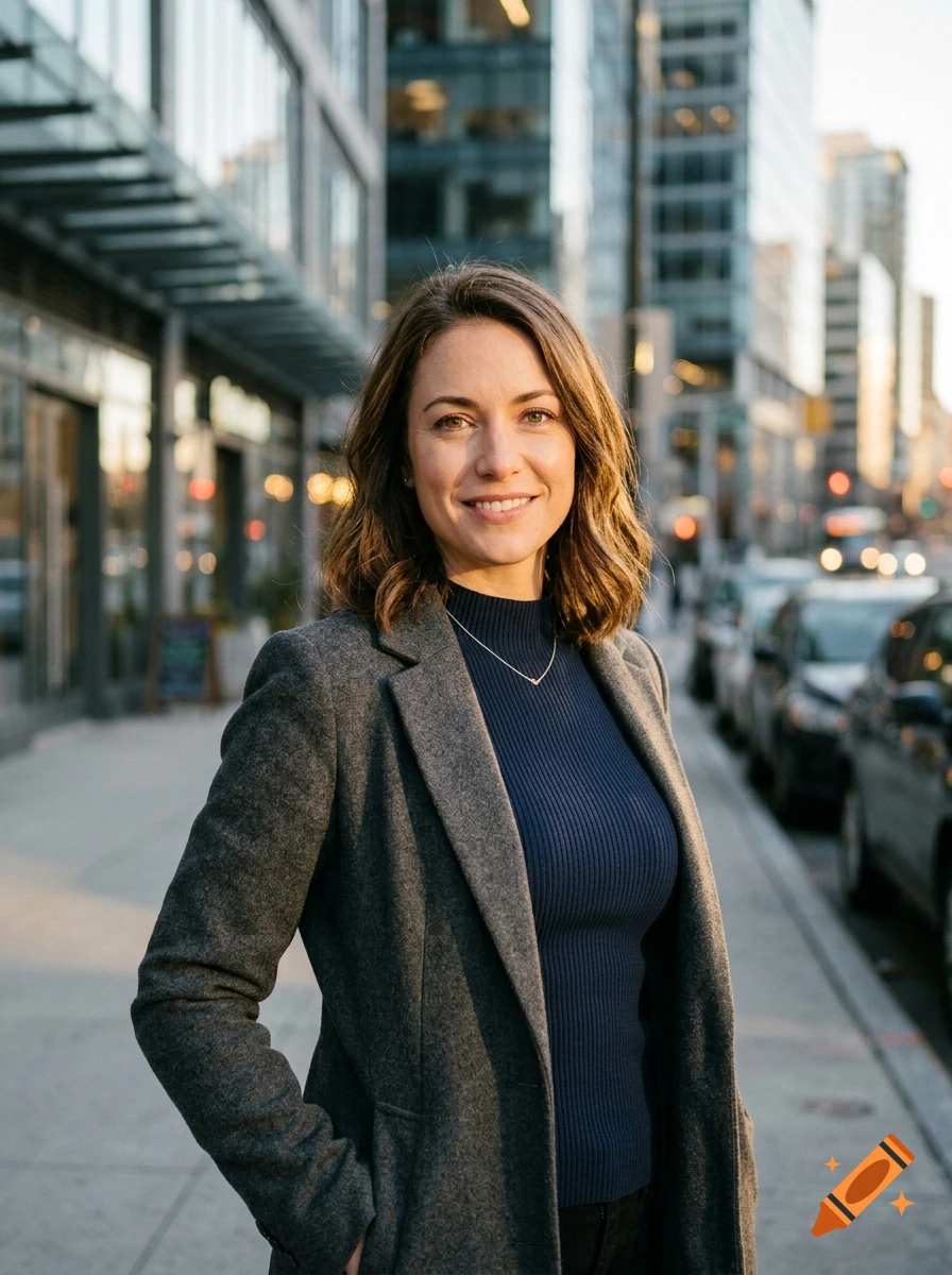 Photorealistic portrait of a woman with brown hair, wearing a grey blazer and blue turtleneck, standing on a city sidewalk.