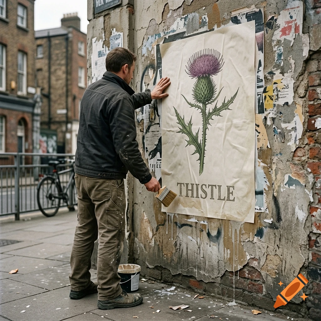 A man in a jacket pasting a vintage poster of a thistle with the word THISTLE on a weathered brick wall in a city street.