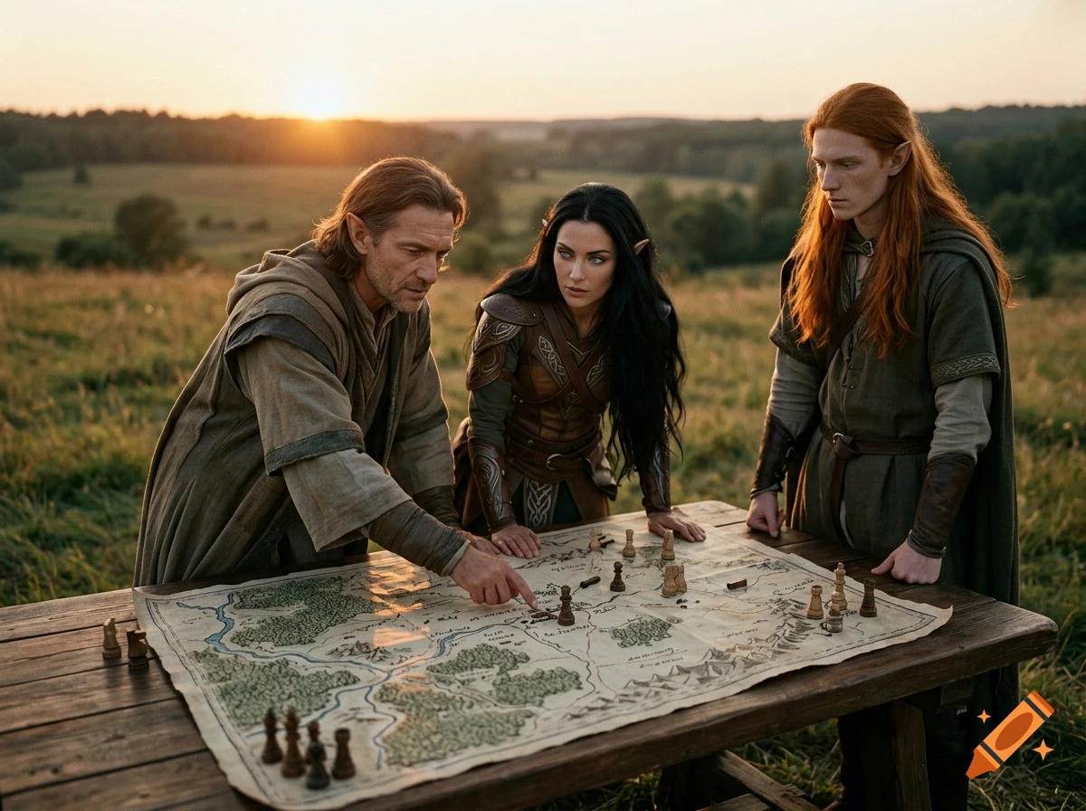Three elfin characters in medieval attire leaning over a wooden table, studying a detailed tactical map with chess pieces at sunset.