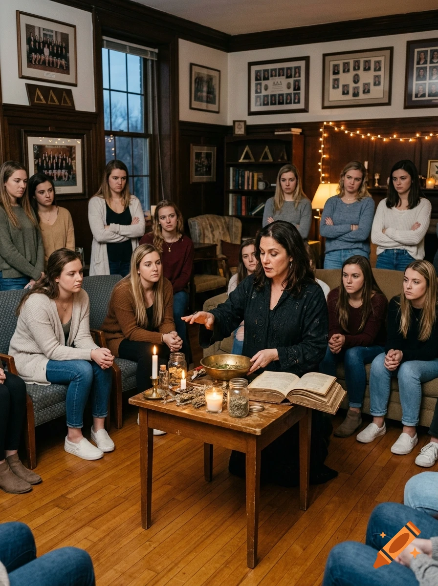 Photorealistic scene of a woman performing a ritual with candles and a bowl before a gathering of collegiate sorority sisters.