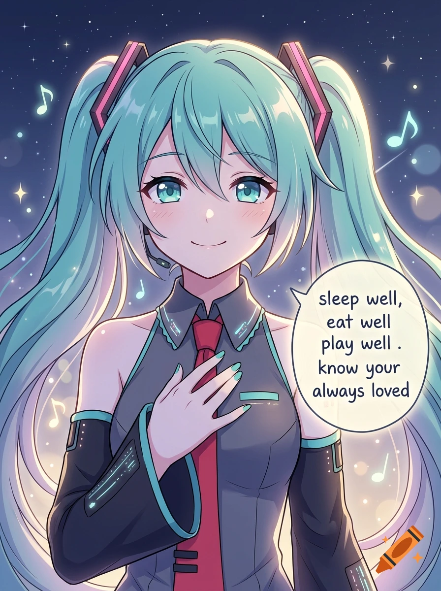Anime illustration of Hatsune Miku smiling with a speech bubble containing text.