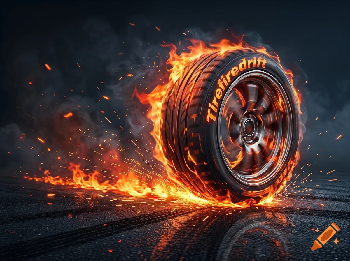 A photorealistic tire engulfed in flames, creating a fiery drift track on asphalt.