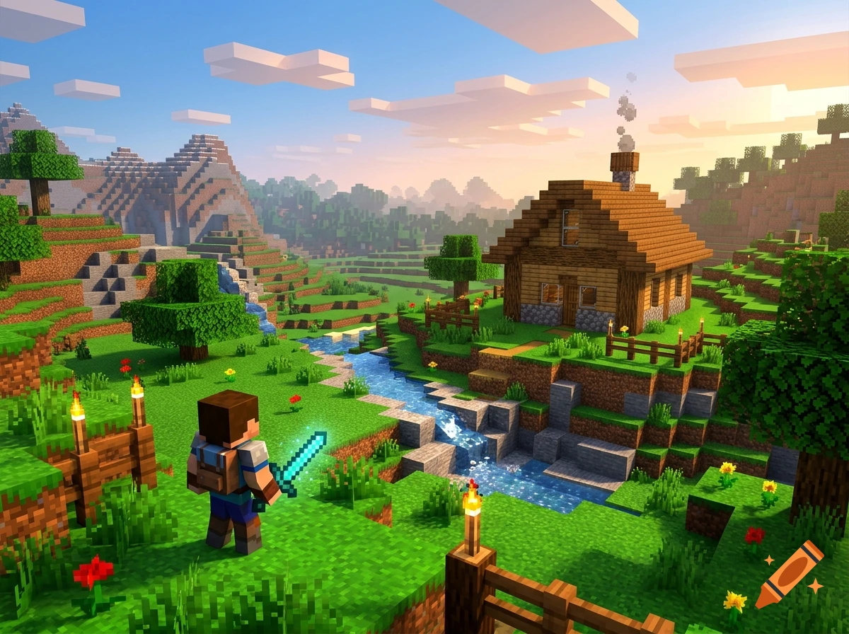 Digital illustration of a blocky video game world featuring a player with a glowing sword, a wooden house, and a flowing river.