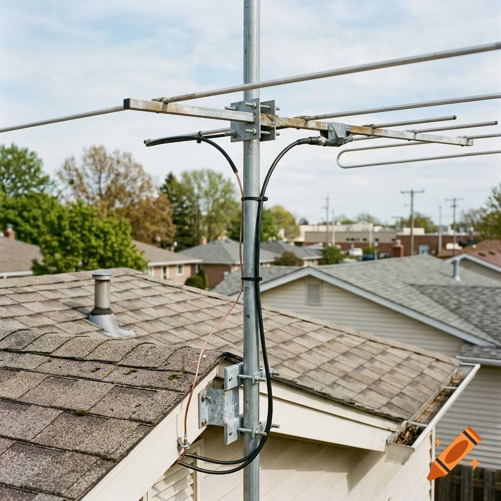 Amateur radio antenna mounted on a roof with a residential neighborhood in the background.