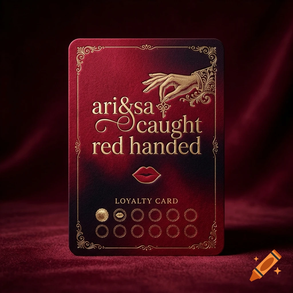 A red loyalty card featuring gold lettering, ornate borders, a graphic of a hand holding a key, and punch-out circles.