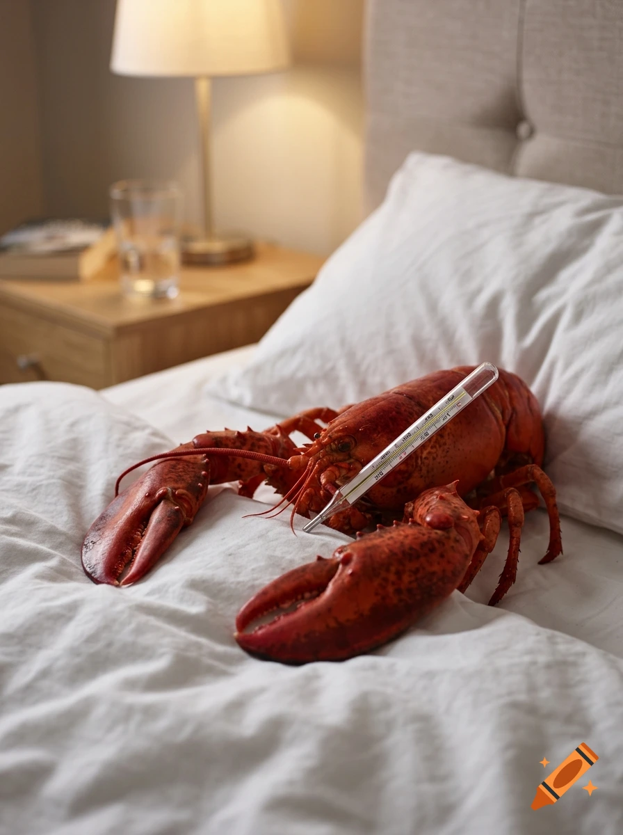 A cooked red lobster rests on a white bed sheet with a glass thermometer placed near its head, set in a bedroom with a nightstand and lamp in the background.
