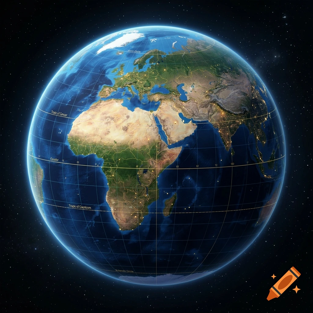 Photorealistic 3D rendering of planet Earth from space, showing continents, latitude and longitude lines, and city lights at night.