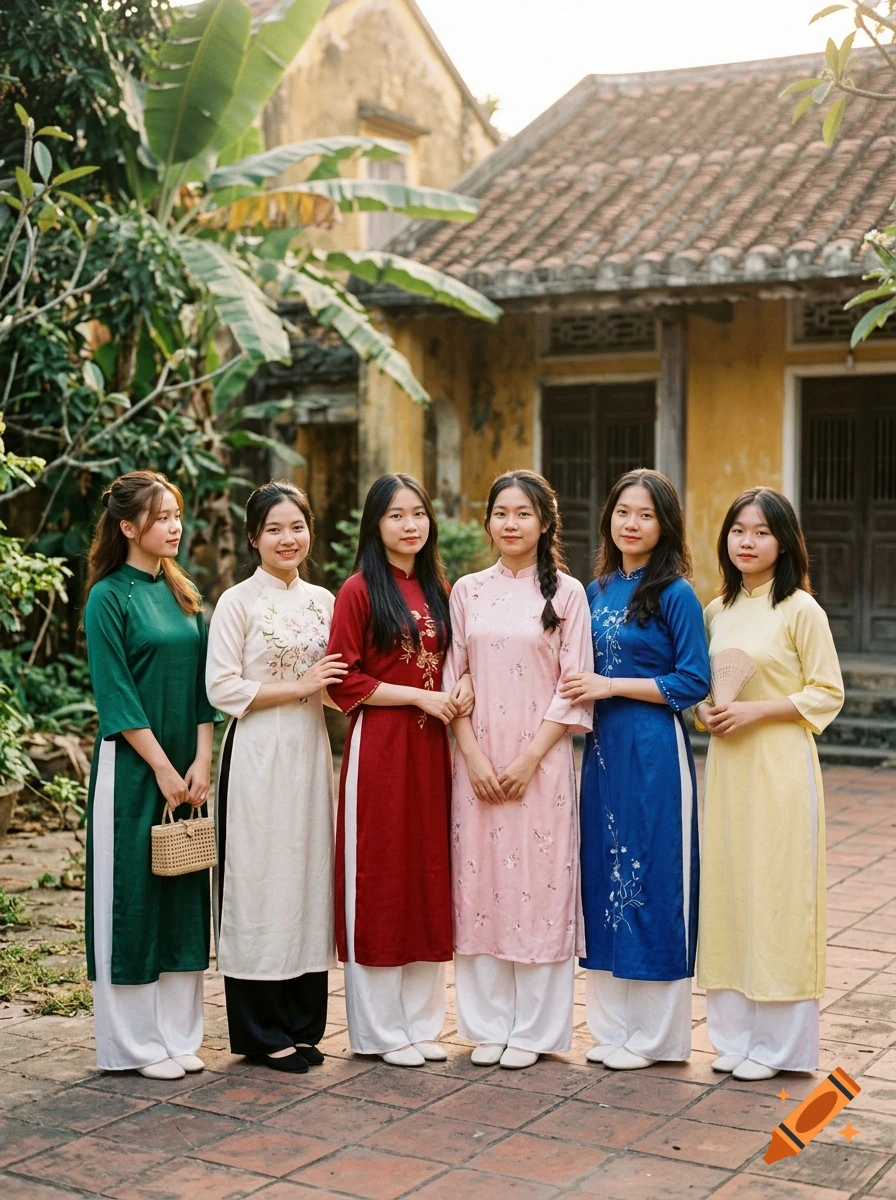 A group of six young women posing in traditional Vietnamese ao dai dresses of various colors outside a historic building.