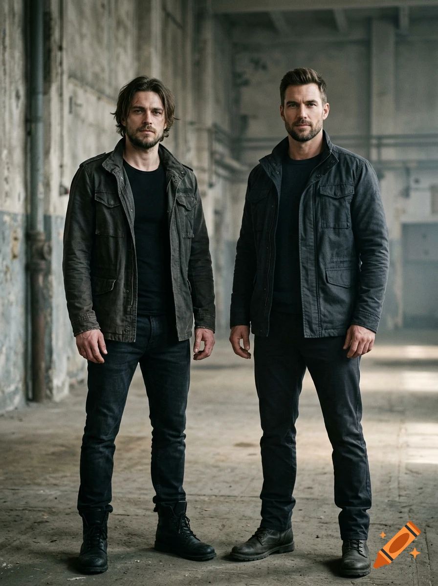 Two men standing side-by-side in a large industrial warehouse interior, wearing dark jackets and jeans.