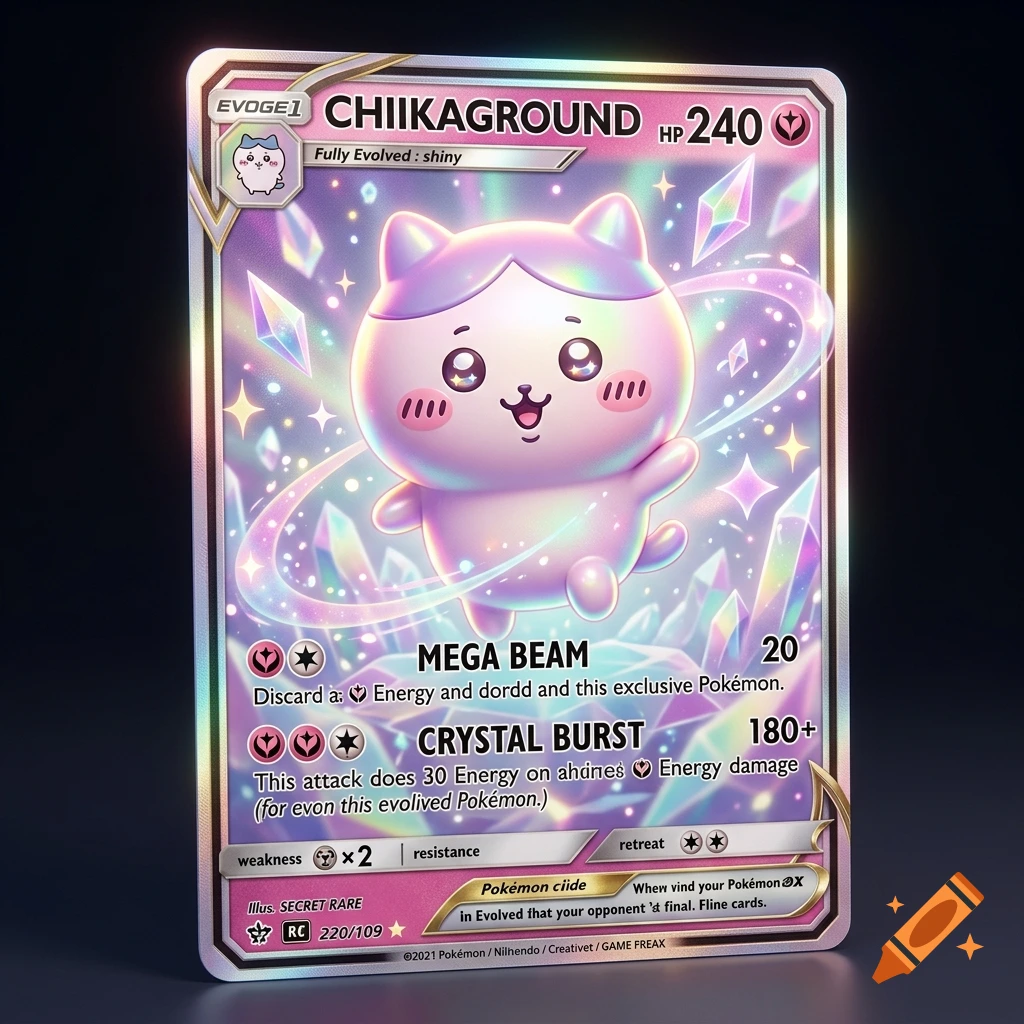 A stylized 3D holographic trading card featuring a cute pink cat-like creature with crystals and sparkling effects.