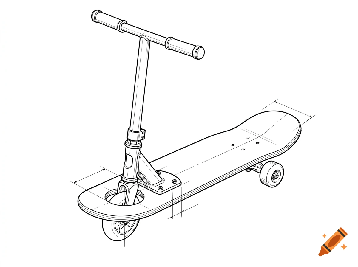 Technical line drawing of a hybrid skateboard and scooter on a white background.