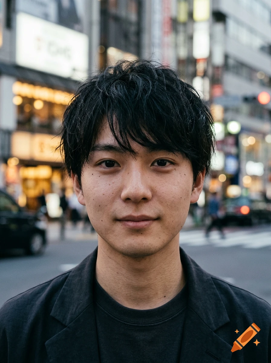 Close-up portrait of a young man with dark messy hair on a busy city street at dusk.