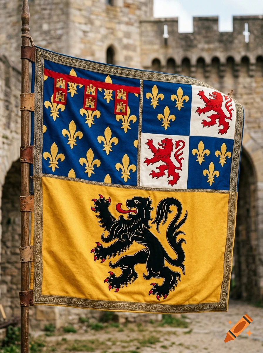 A photograph of a medieval-style heraldic flag featuring the arms of Artois, Picardie, and Flanders flying in front of a stone castle.