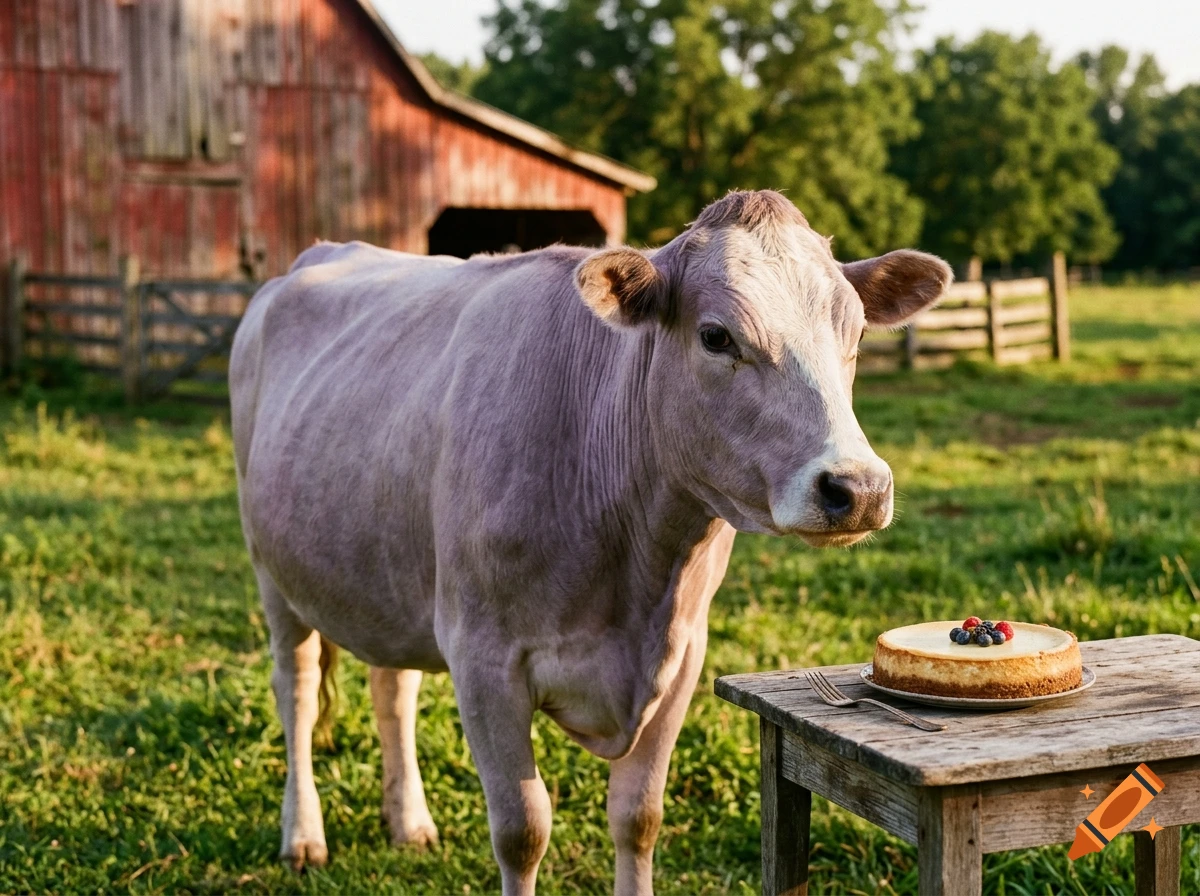 Photorealistic image of a light purple cow standing in a grassy field next to a wooden table with a cheesecake.