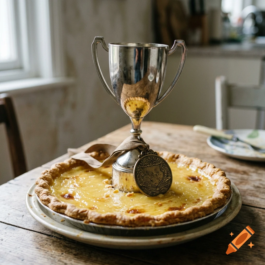 A silver trophy cup with a tied medallion is placed right in the middle of a baked pie on a wooden table.