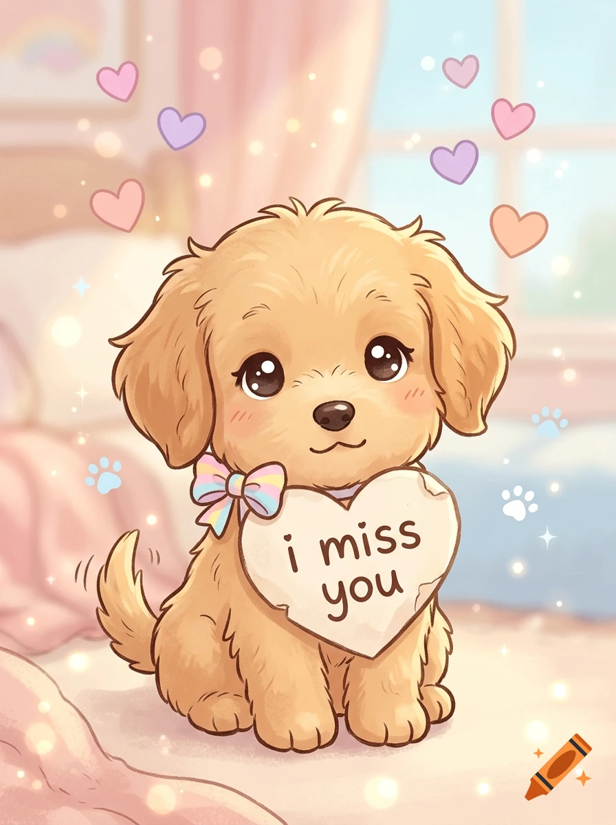An anime-style golden retriever puppy sitting and holding a heart-shaped sign that reads i miss you, surrounded by floating hearts.