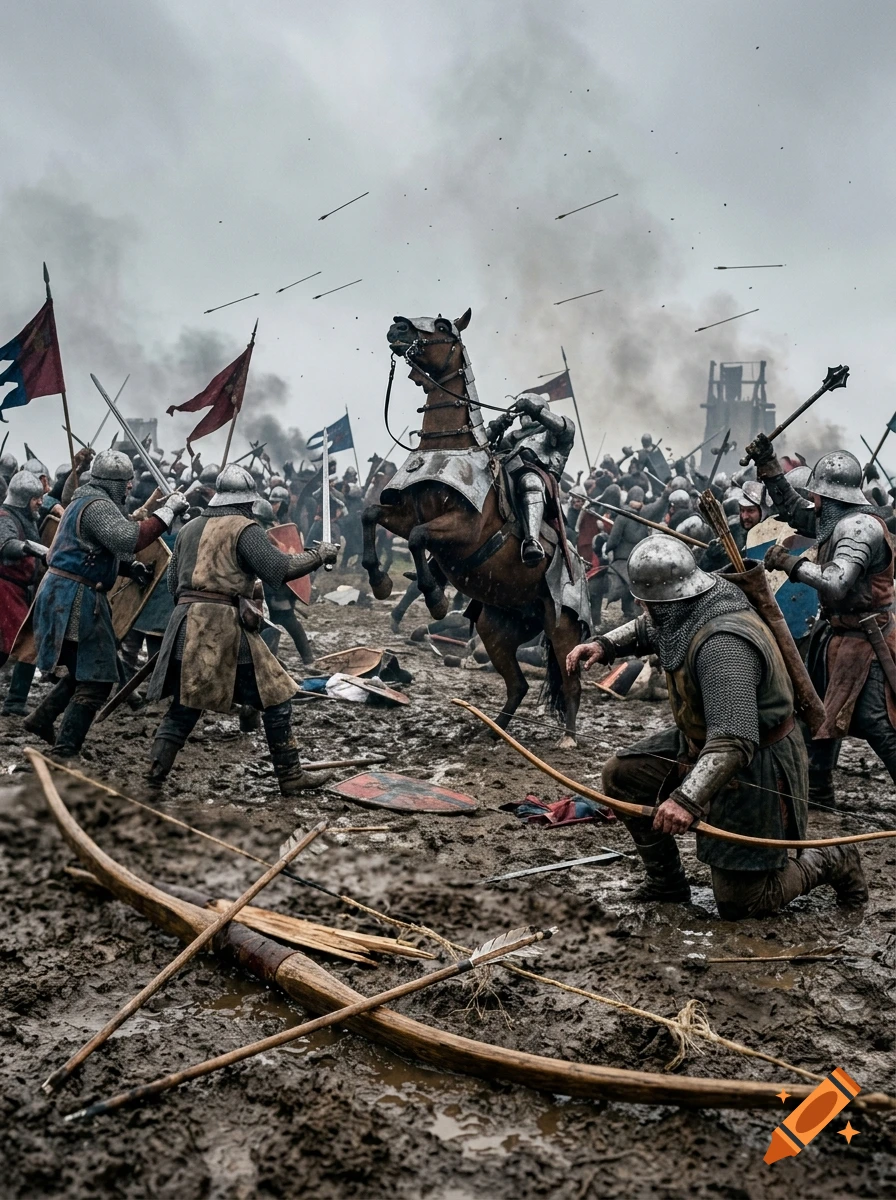 Photorealistic medieval battle scene with soldiers fighting in the mud, a rearing horse in armor, and flying arrows.